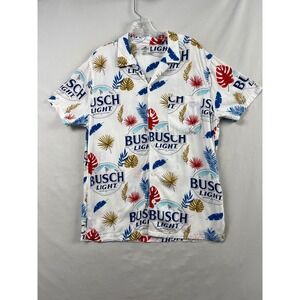 Busch Light Button Up Shirt Mens Medium White Tropical Beer Logo Rayon Short Slv